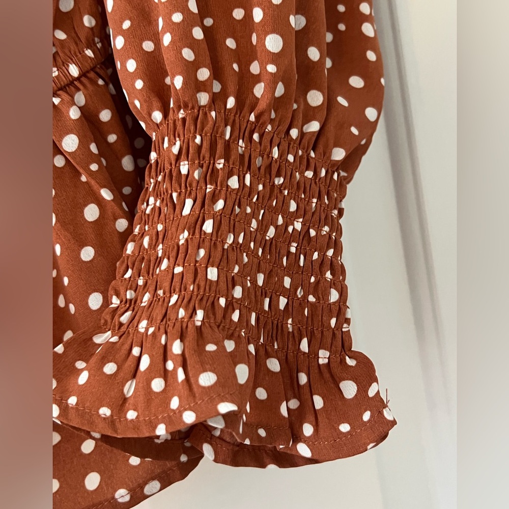 Pink Lily Polka Dot Ruffle Hem Blouse - Brown - Picture 3 of 3